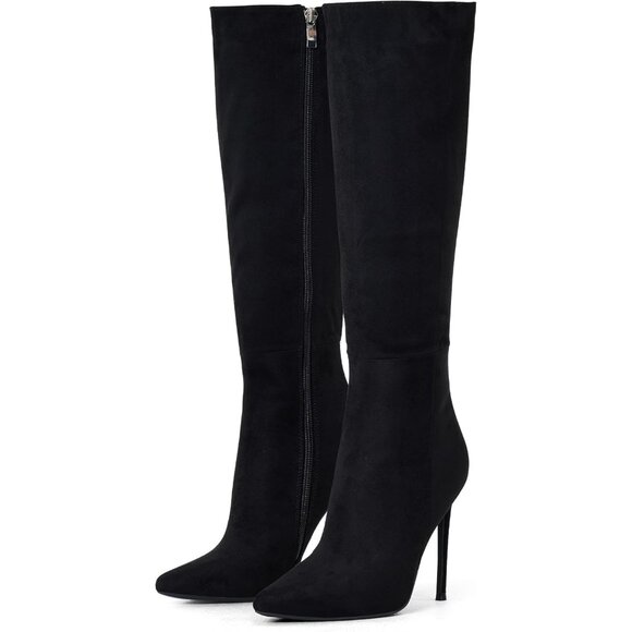 ⚡Women's Black Suede Comfortable Knee High Long Boots Stiletto Pointed Toe